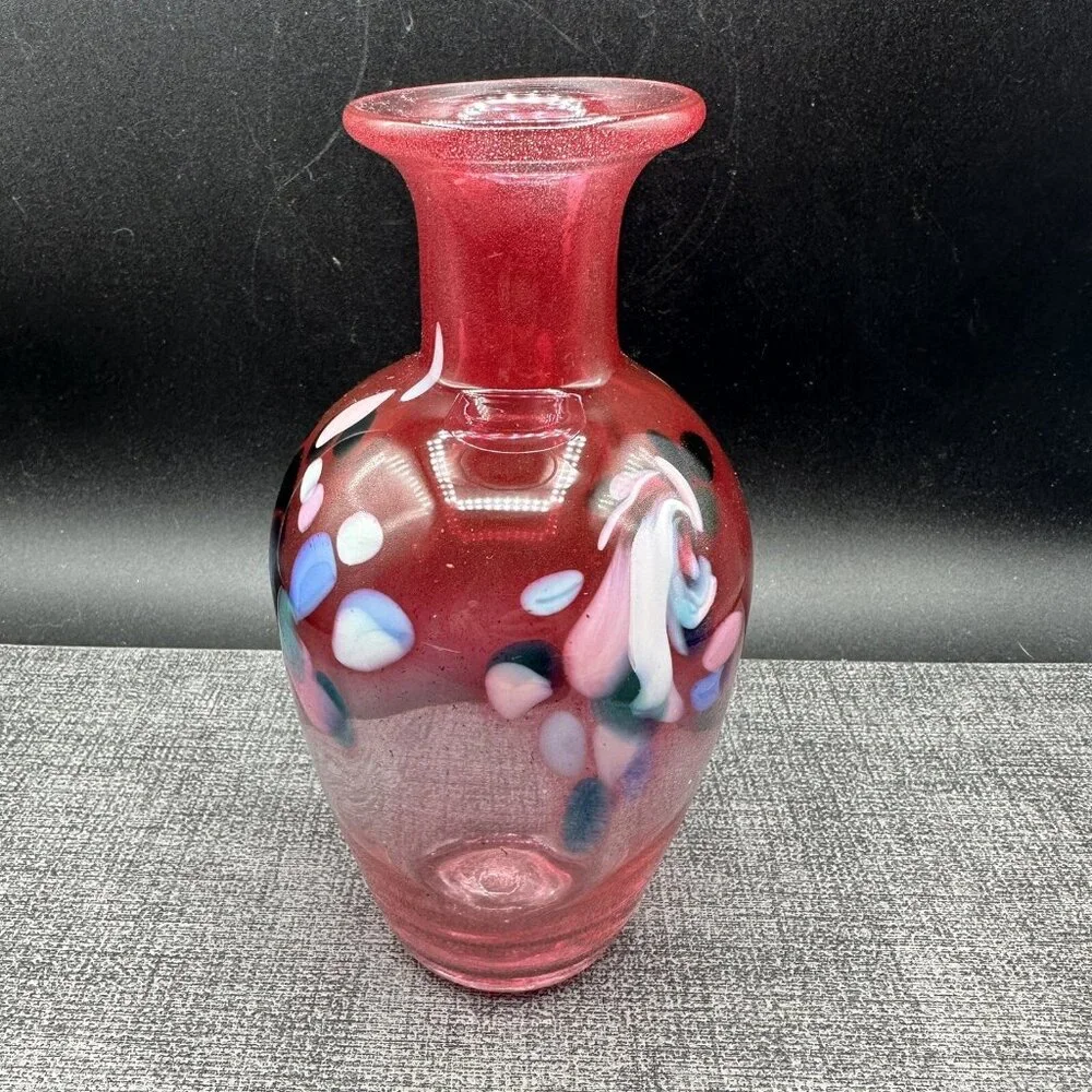 Hand Blown Pink Art Glass Vase Confetti Murano Style 7.5”